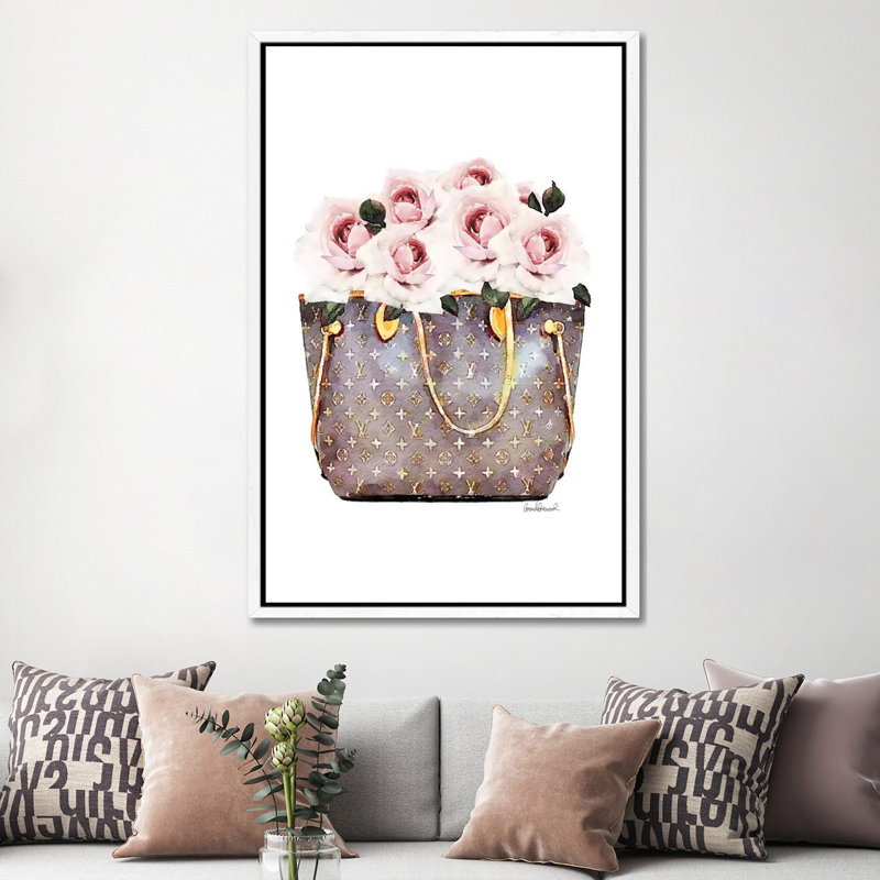 Brown Bag Filled With Blush Roses by Amanda Greenwood - Painting on Canvas, 101.6 cm H x 66.04 cm W, White Framed Canvas