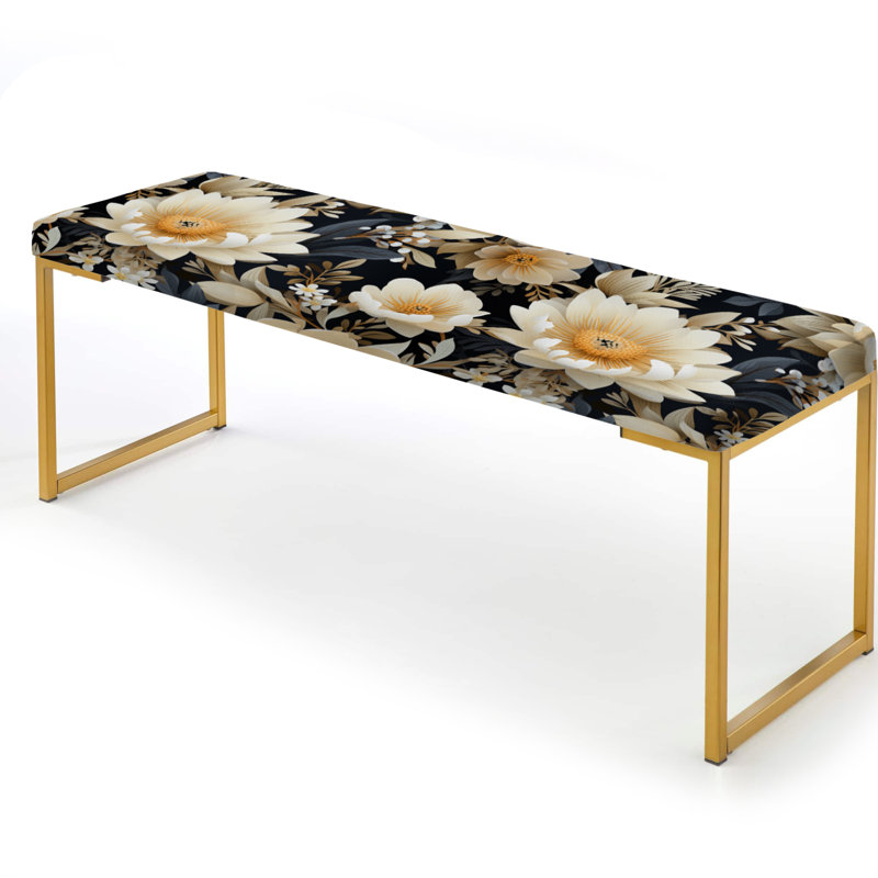 White Blossom Petals In Paradise - Floral Upholstered Gold Bench