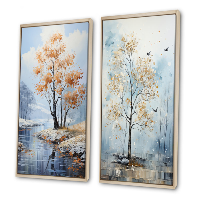Doux tons de bleu érable - arbre érable, ensemble de 2 reproductions d'art sur toile, H 40 po x l 41 po, Cadre flottant brun