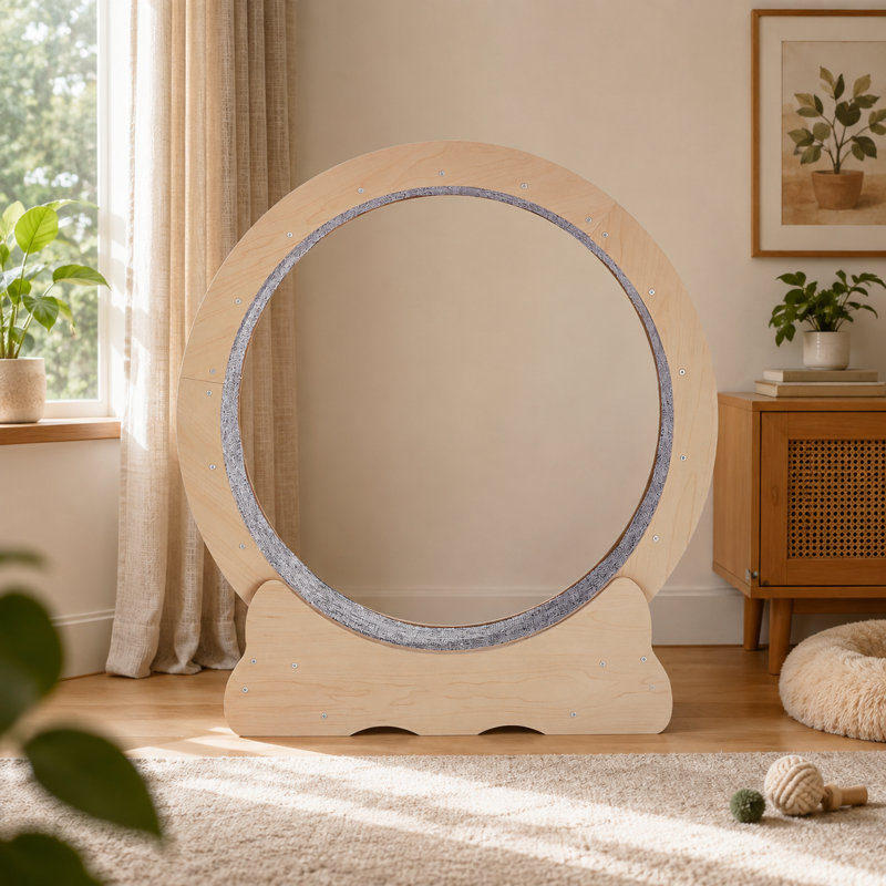 Roue d'exercice pour chat d'intérieur de 75,4 cm (29,7 pouces) en panneau de fibres, couleur bois, avec double système silencieux, large base, tapis amovible et montage facile. Convient aux chats jusqu'à 3,6 kg (8 lb).