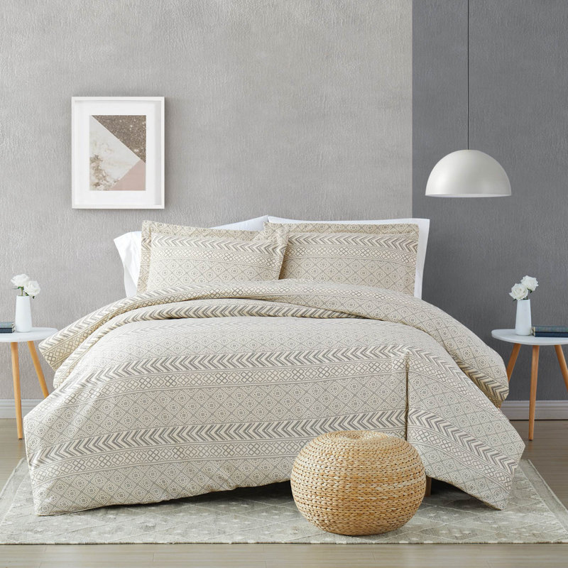 King Cream and Black Cotton Geometric Duvet Cover Set