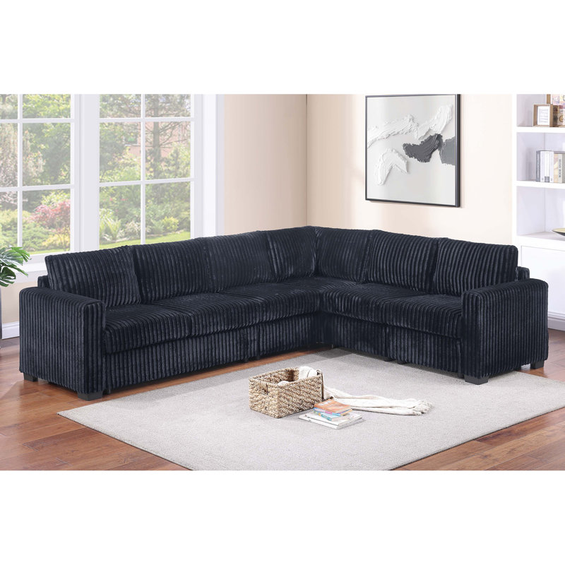 L-Shaped Sectional Set 4Pc One Arm Loveseat Armless Chair Corner Wedge Cushion Back Plastic Leg Corduroy Upholstered Primary Living Room