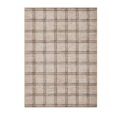 Modern Washable Area Rug Geometric Checkered Low Pile Non-Slip for Living Room Bedroom Dining Room Office Camel 8x10ft