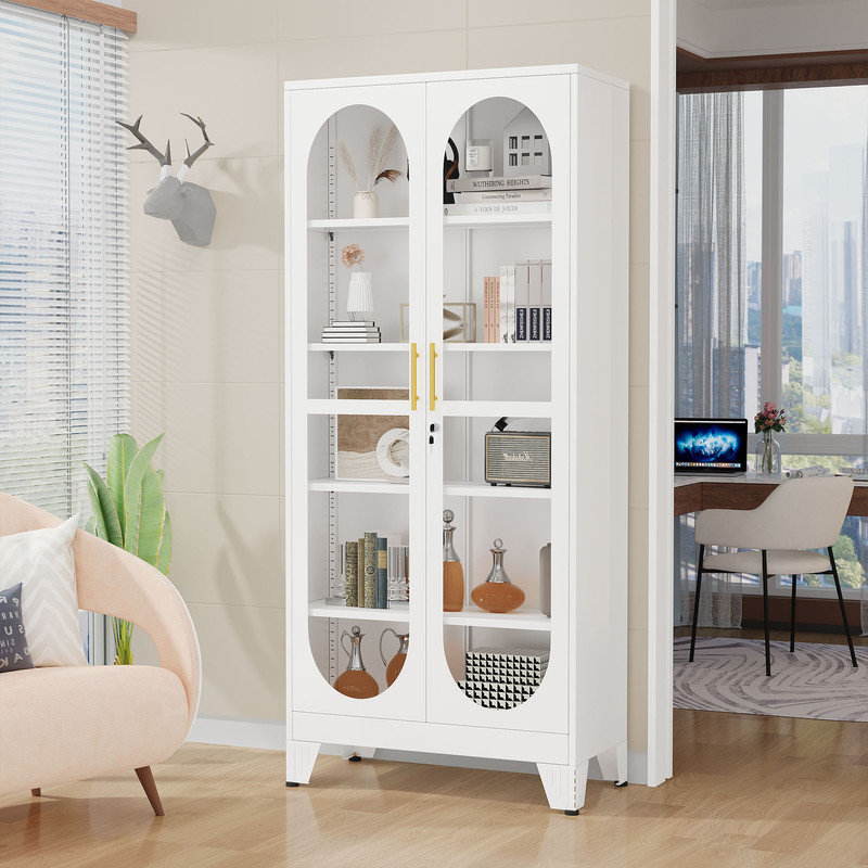 70.87"H Tall Black Glass Display Cainbet with 4 Adjustable Shelves, White