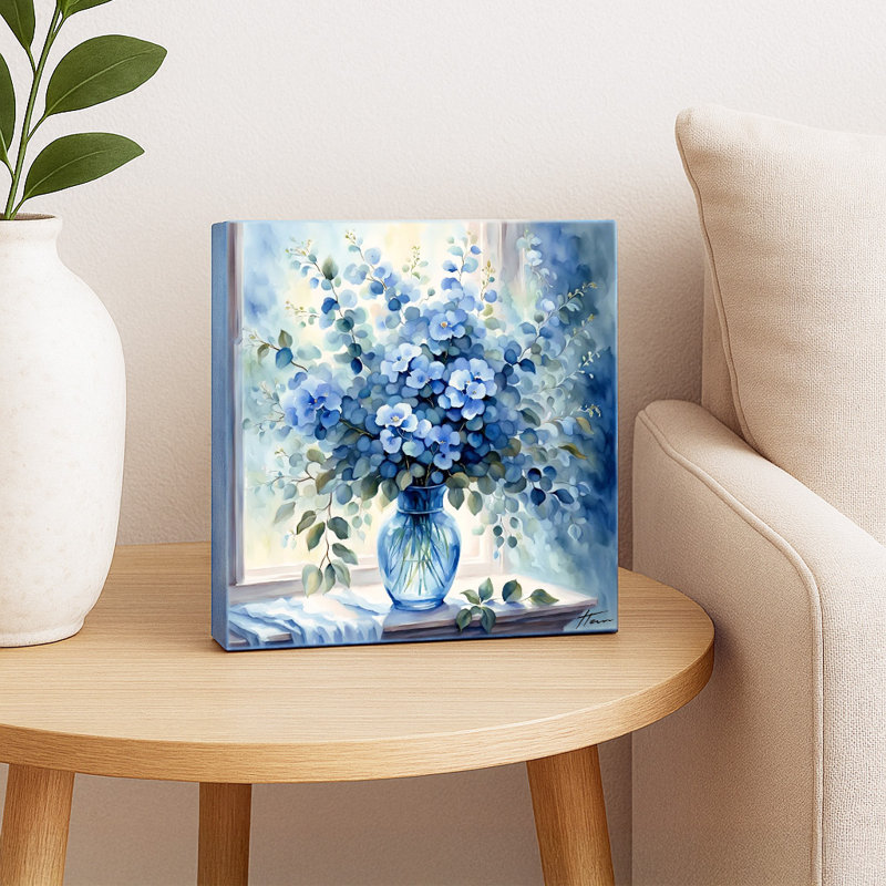 Elegant Blue Floral Arrangement in a Glass Vase Wrapped Canvas Wall Art, 20" H x 20" W x 1.5" D