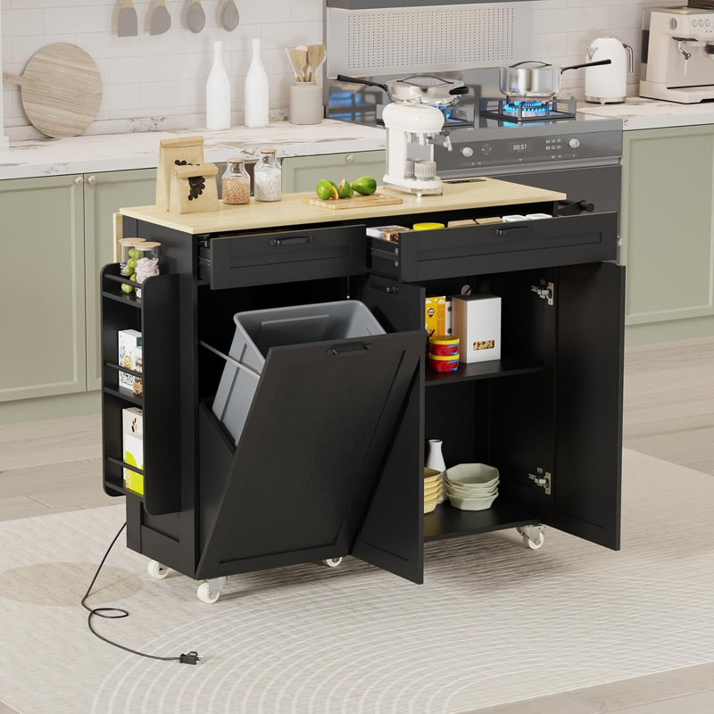 Îlot de cuisine roulant avec rangement pour poubelle, chariot d'îlot de cuisine mobile avec prise de courant et abattant, support à épices et porte-serviettes, porte-couteaux, rangement pour table d'îlot de cuisine