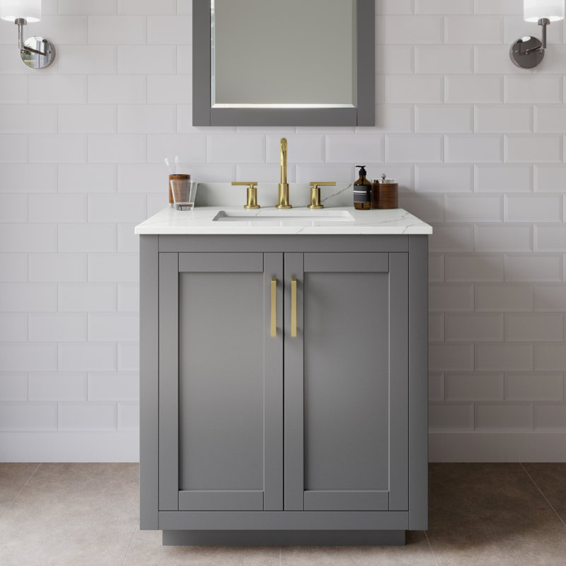 Miranda 30" Freestanding Single Bathroom Vanity with Quartz Top, Giotto Quartz, Dark Gray, Brushed Gold