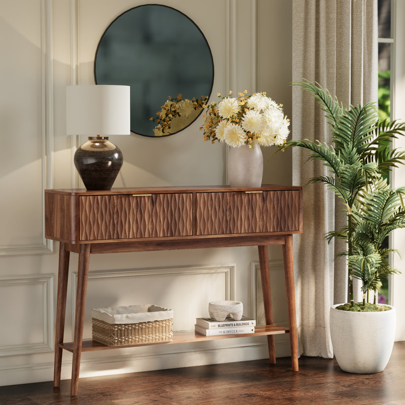 Console Table with Solid Wood Legs, Boho Modern Entryway Table with Storage Drawers, Fluted Narrow Sofa Table for Hallway,Living Room