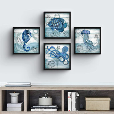 Octopus/Clownfish/Jellyfish/Sea Horse Nautical Blue Rustic Wall Art Plastic Frame 4 Piece Print