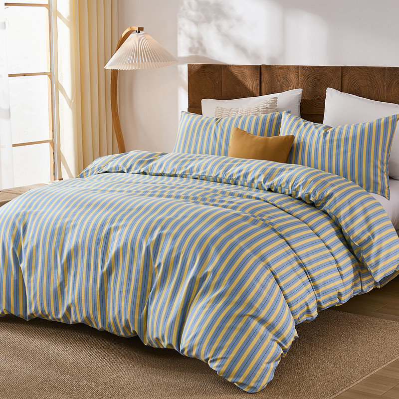 100% Cotton Comforter Set King Size, Blue & Yellow Striped Comforter Set Modern Coastal Style Bedding Set 3 Pieces