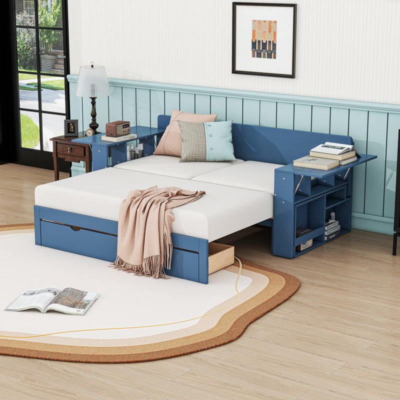 Daybed with Desk, Drawers and Side Table, Blue, Full/Double