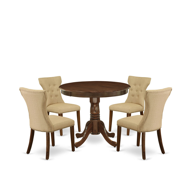 Ensemble de table de salle à manger 5 pièces pour petits espaces composé d'une table de salle à manger ronde avec piédestal et 4 chaises de cuisine Parson, 36 x 36 po, noyer antique