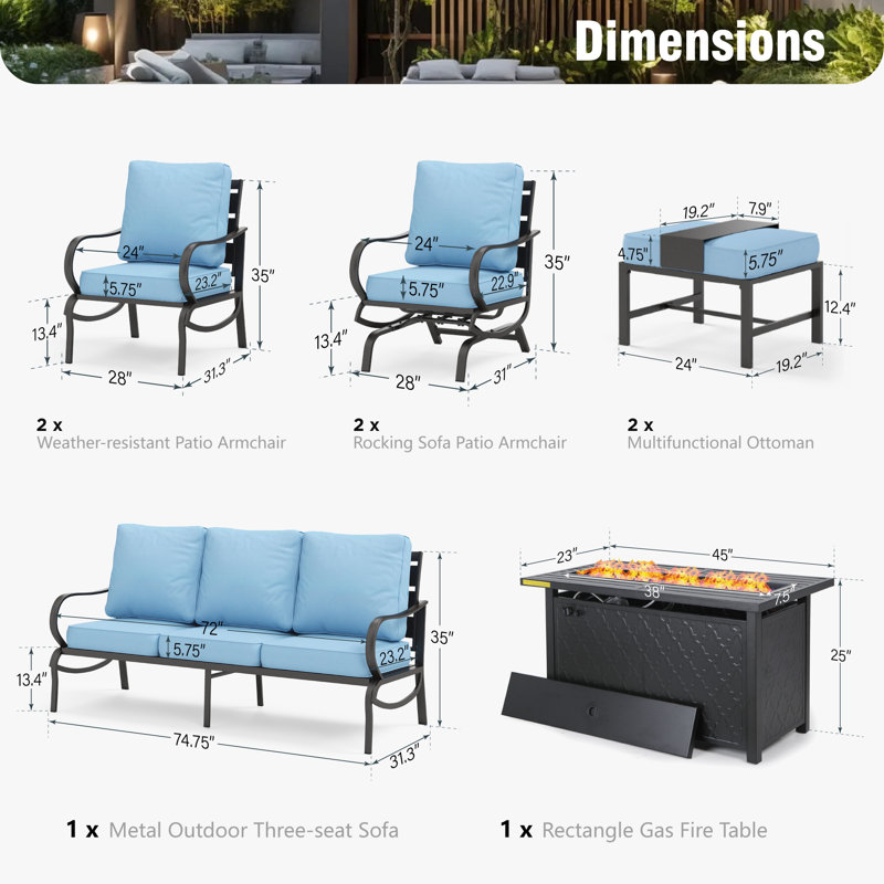 Tapasi 9 - Person Patio Conversation Set with Rocking Lounge Chairs & Optional Firepit Table, Yes, Blue