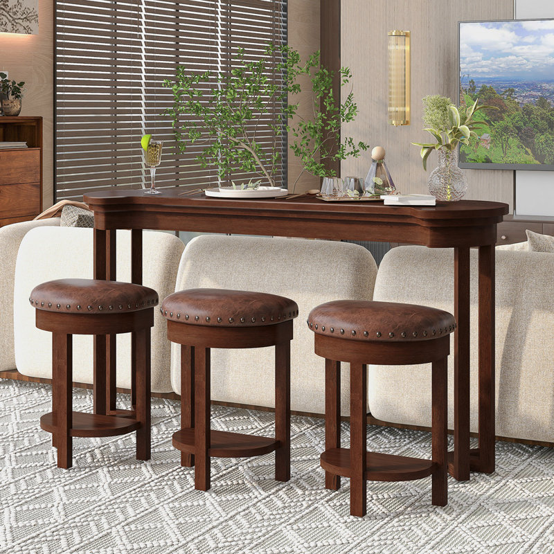 Ensemble de table de bar 4 pièces avec 3 tabourets de bar rembourrés en polyuréthane, table de petit-déjeuner avec 3 tabourets rembourrés, ensemble de table de salle à manger à hauteur de comptoir en bois massif pour le salon, la salle à manger.  Cerise