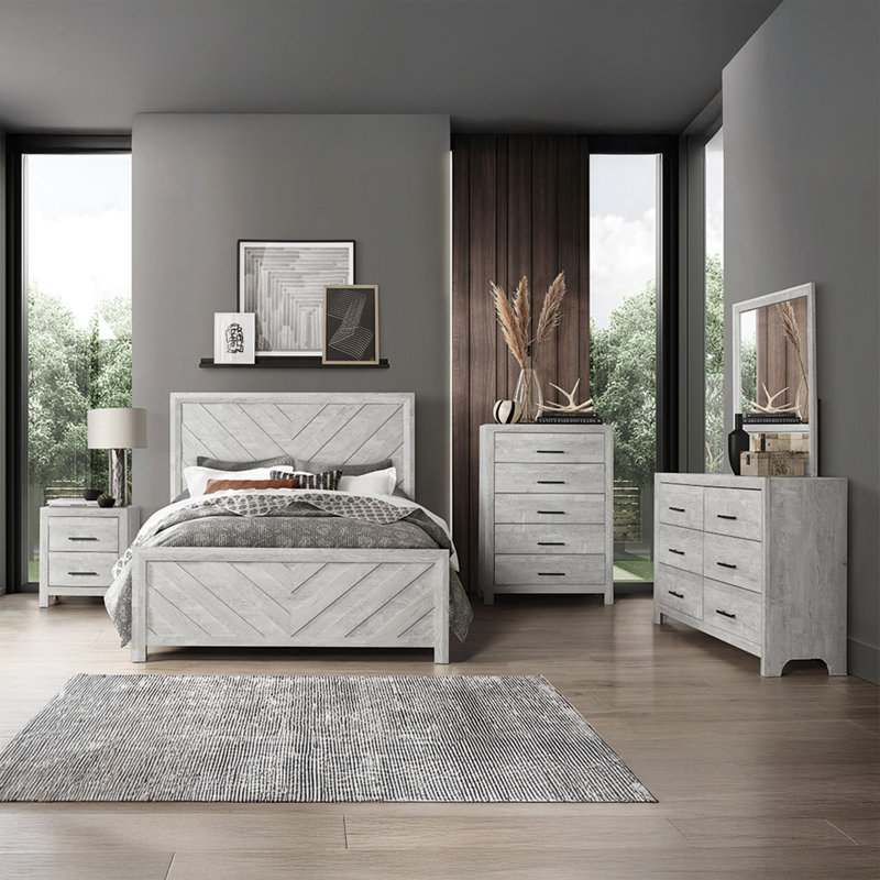 Ensemble de chambre à coucher 5 pièces Zarrah, Chêne rustique, 5 Pcs: Bed, Nightstand, 2 Dressers, Mirror, Très grand lit