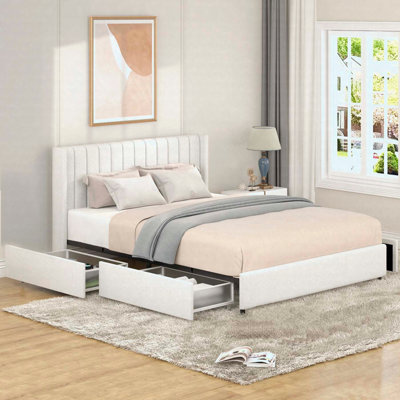 Upholstered Platform Bed With Storage Drawers, Tufted Headboard, And Wooden Slat Support For Comfortable And Functional Sleeping Experience