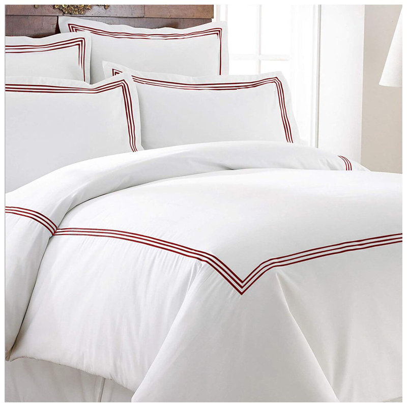 400TC Cotton Triple Embroidery Sateen Solid Duvet Cover Set, Oversized King Duvet Cover, White/Burgundy