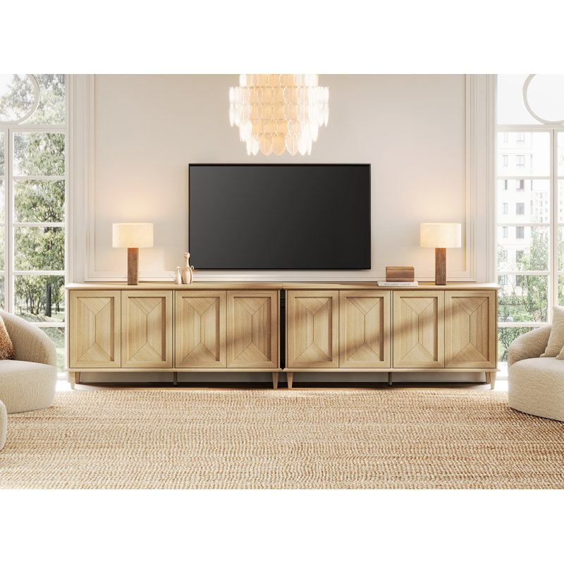 Armoire d'appoint moderne à 8 portes, console à motif géométrique faite à la main avec pieds fuselés, rangement de rangement maison de campagne 2-en-1, chêne naturel