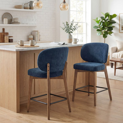 Mid-Century Modern Counter Stool, Fabric Upholstered Barstool with Wingback, Armless Counter Height Bar Stool With Wood Legs, Metal Footrest, For Kitchen Island Bar Counter, Navy, Set of 2