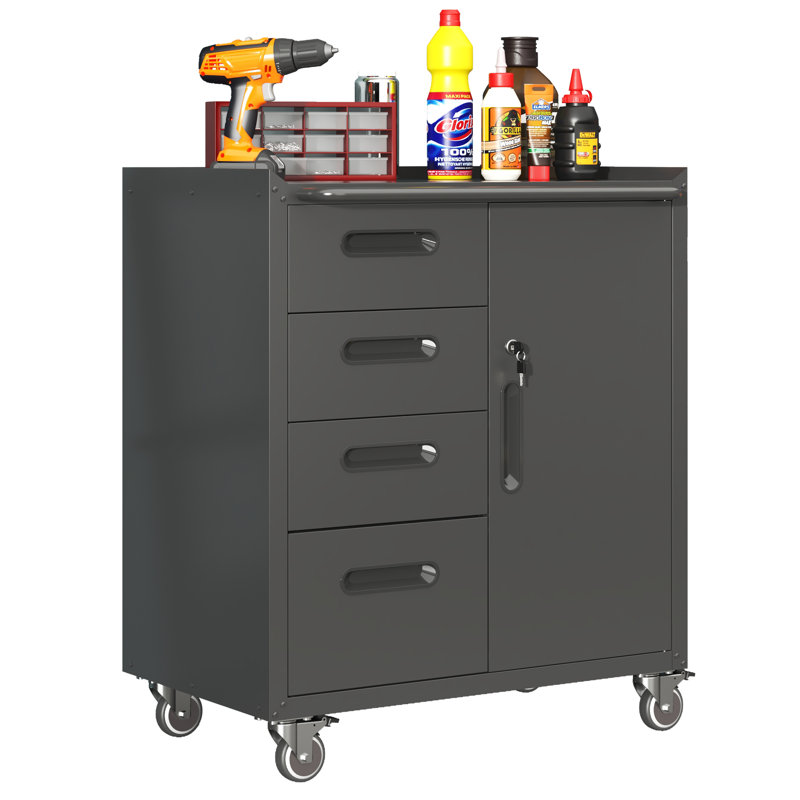 29.5” Wide Wheeled Removable Garage Storage Cabinet with Four Drawers for Partitioned Storage - Adjustable Shelf and Easy Movement