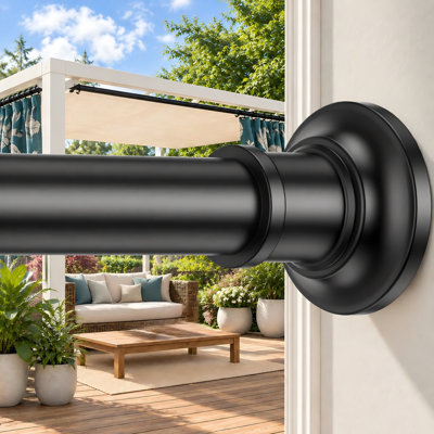 For patios, bathrooms, and windows, this black outdoor adjustable spring-tension shower curtain rod extends from 30-132 inch (11FT); the heavy-duty 1.1 inch thick diameter design installs without drilling and has a no-rust construction.