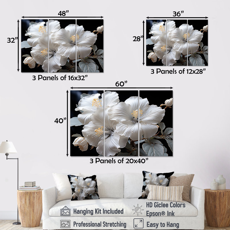 Fleurs blanches d'hibiscus illuminées au clair de lune I - ensemble d'art mural hibiscus, H 28 po x l 36 po x P 1 po
