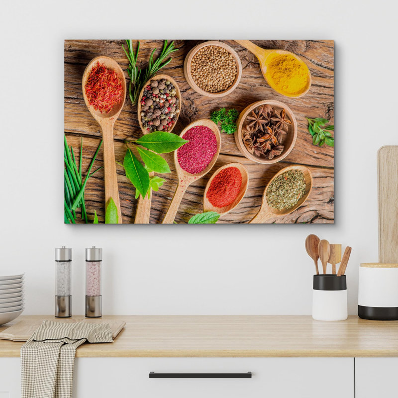 Multicolore, épices en cuillères, cuisine et cuisine, photographie, décoration murale, art moderne, H 16 po x l 24 po