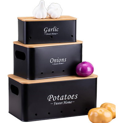 Kitchen Vegetable Storage Tins Set Of 3, Potato Onion Garlic Kitchen Storage Canisters, Vegetable Bin Keeper Containers With Aerating Holes And Wooden Lid