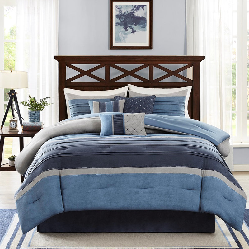 Édredon bleu marine 7 pièces - microsuède avec rembourrage, 2 coussins décoratifs, 1 taie décorative et 3 coussins
