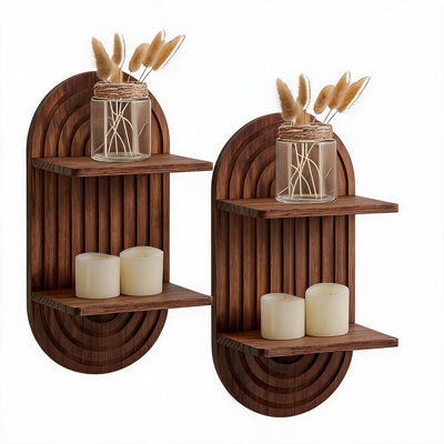 Set of 2 Natural Wood Arched Floating Shelves, Double Tier Wall Candle & Plant Display Shelf, Dark Walnut