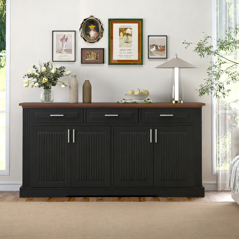 63" Fluted Sideboard Buffet Cabinet With Storage, Modern Coffee Bar Station With 4 Doors And 3 Drawers, Wood Kitchen Storage Console Table For Living Room Dining Room Entryway