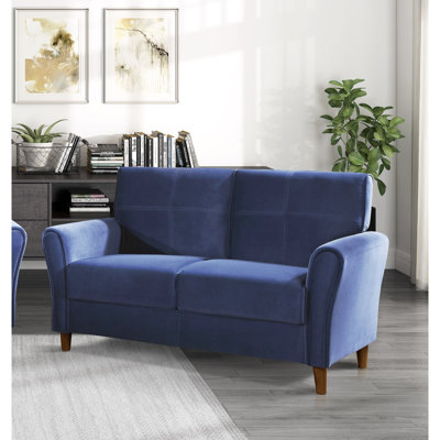 Velours bleu de grande capacité avec base en bois massif, accoudoirs en bois et accoudoirs évasés