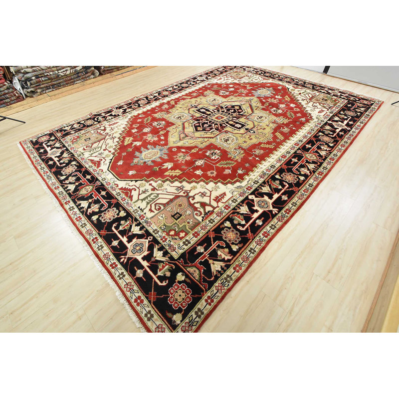 Tapis rouge en laine noué à la main de conception unique 9 pi 10 po x 14 pi Gaelyn