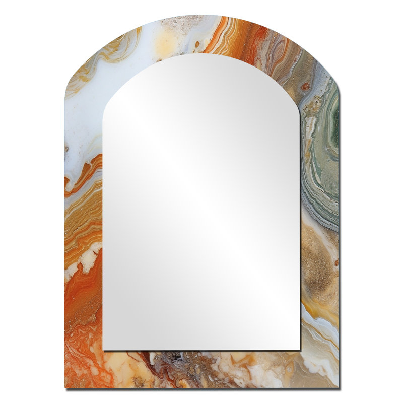 Orange Beige Aqua Symphony - Abstract Arch Decorative Mirror, Orange Asymmetrical Wall Mirror, Printed Metal Art, 34" x 25"