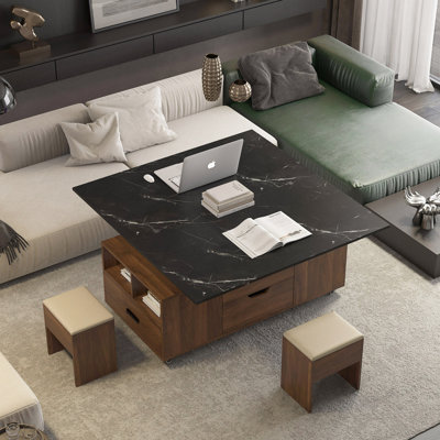 Table basse relevable moderne avec 2 tabourets, rangement dissimulé et tiroirs extensibles pour une salle à manger et un salon peu encombrants