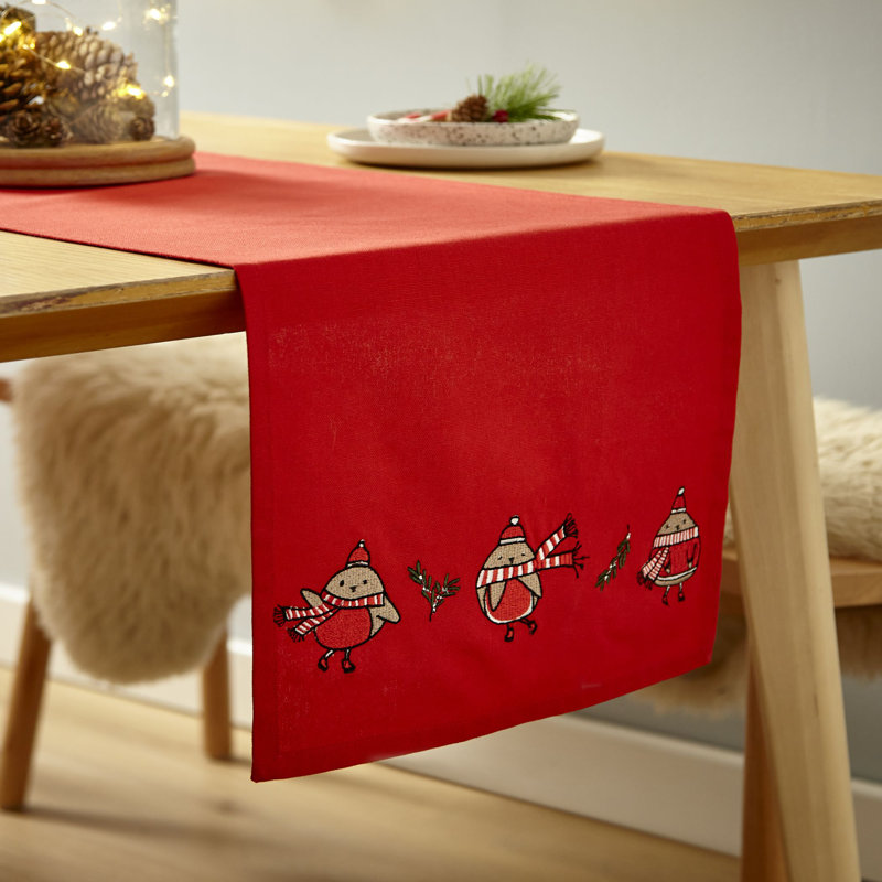 Christmas Robins Cotton 33x220 cm Runner White Red