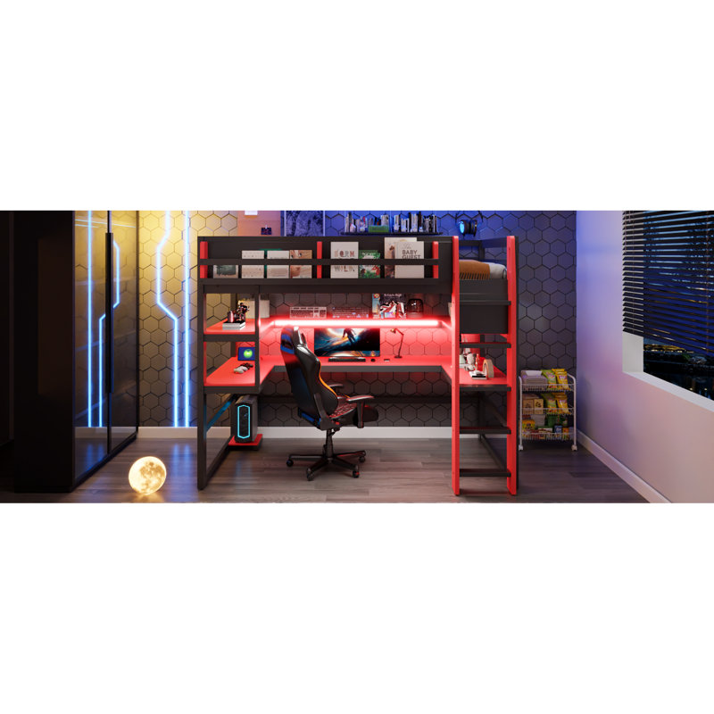 Lit mezzanine simple en bois avec bureau, support de rangement latéral, tablettes multiples et lumière RVB, Lit simple, Rouge