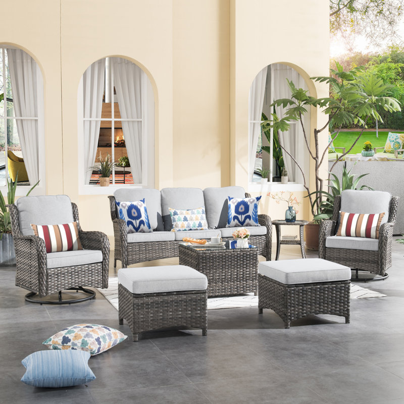Ensemble de conversation en osier / rotin pour 5 personnes avec coussins, Gris clair, Gris
