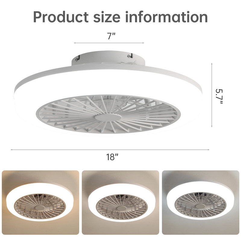 18 Inch Enclosed Ceiling Fan With Light And Remote, Flush Mount Bladeless Modern Low Profile Ceiling Fan For Bedroom Kitchen Dining Room