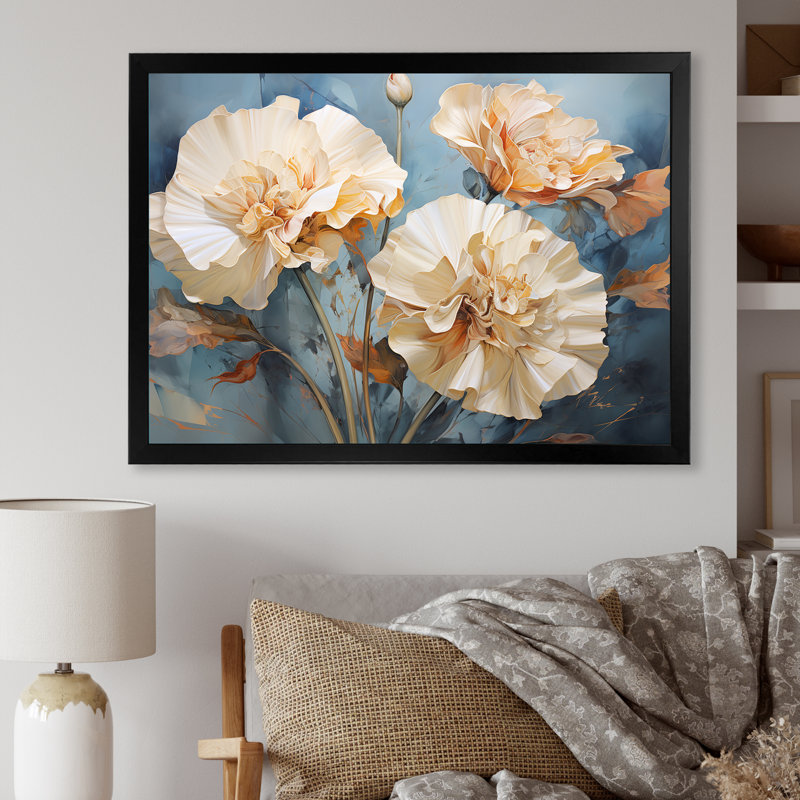 " Beige Carnations Arrangement II ", 16" H x 32" W x 1" D, Black Single Picture Frame