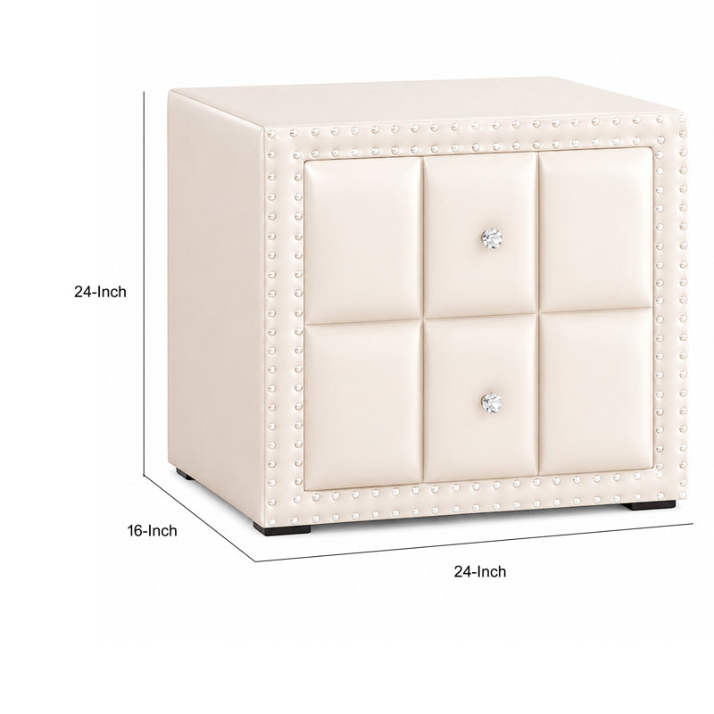 Table de chevet Fysa, 2 tiroirs, boutons en cristal, revêtement capitonné beige, Beige