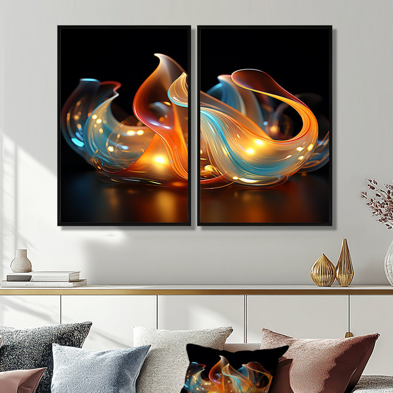 Feu, vagues d'eau bleues et orange - formes abstraites sur toile, formes modernes, H 36 po x l 48 po, Noir