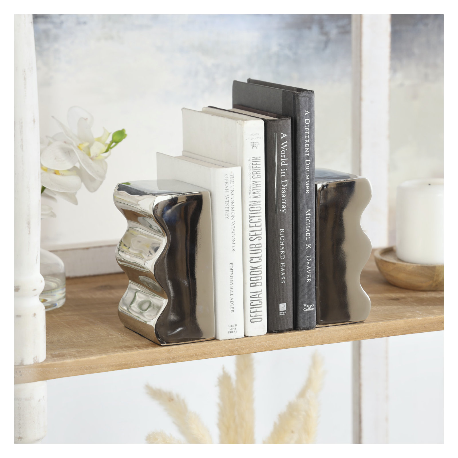 Moresby Aluminum Wave Inspired Bookends, Silver