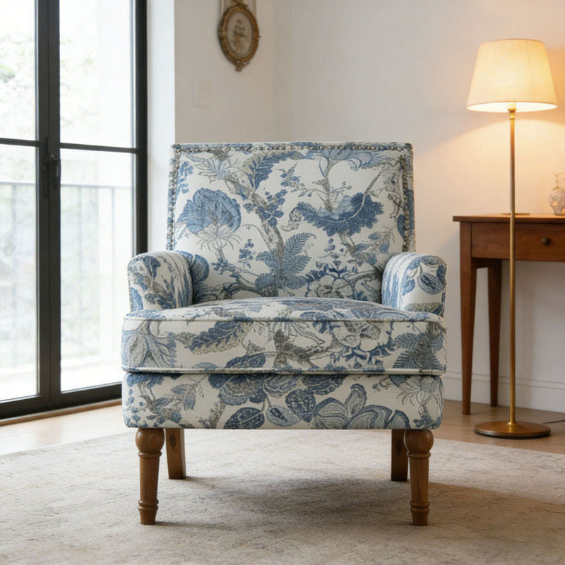 Chaise d'appoint, revêtement floral, garniture cloutée, pieds en bois massif, Bleu