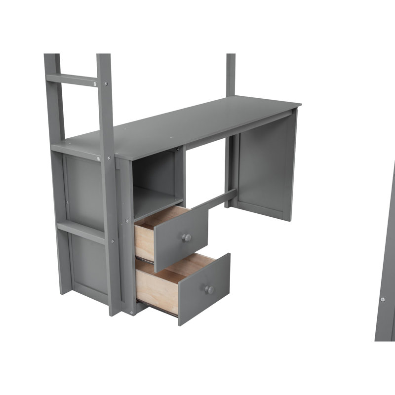 Lit mezzanine double avec placards, 2 bureaux et une armoire en gris - Produit compact permettant d'économiser de l'espace