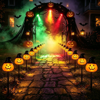 Lot de 20 guirlandes solaires citrouille et chapeau d'Halloween pour jardin, décorations lumineuses à piquer pour allée extérieure avec allumage/extinction automatique, guirlandes lumineuses effrayantes pour une fête d'automne.