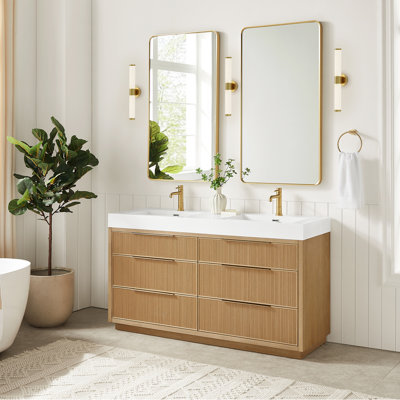 Grunwald 60" Double Bath Vanity in Washed Ash Grey with White Integrated Stone Sink Top