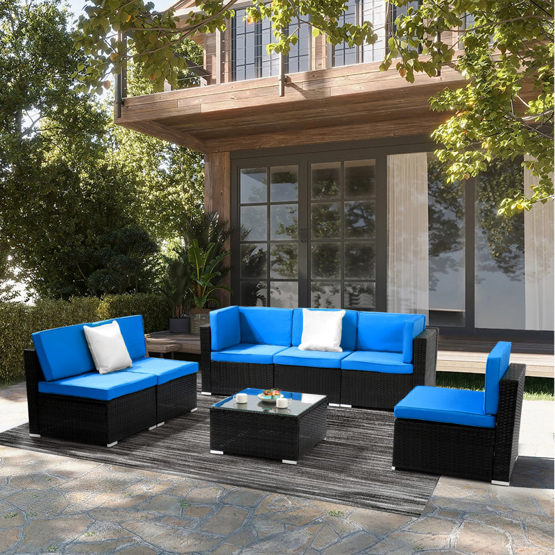 Aldebaran Wicker 6 - Person Modular Patio Conversation Set with Cushions, Black Frame/Blue Cushion
