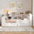 Full Size Wood Platform Bed with Storage, Drawers, Desk & LED – Modern Bedroom Furniture with Upholstered Headboard, White & Beige