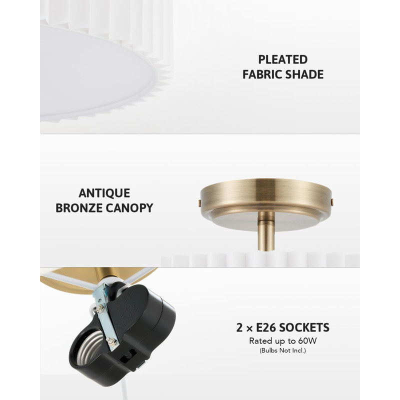 Semi Flush Mount Ceiling Light 12.2In Ceiling Light Fixture With Pleated Shade 2-Light Modern Drum Light Fixture White Shade & Bronze Finish